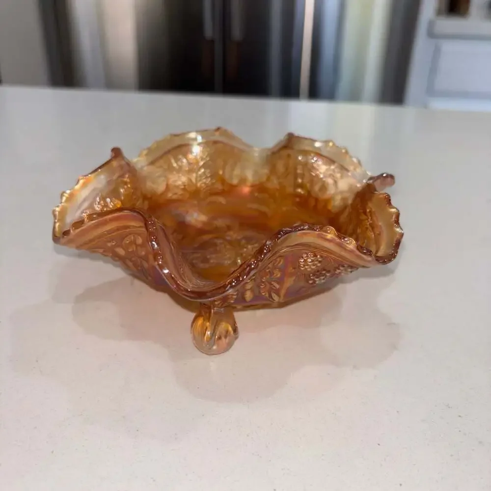 Fenton Antique Marigold Carnival Glass Panther Pattern 3-Footed Ruffled Bowl